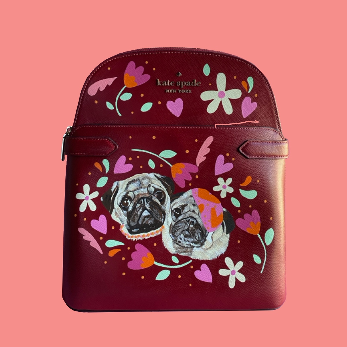 Burgundy handbag hand-painted with two custom pug portraits, flowers, hearts and leaves.