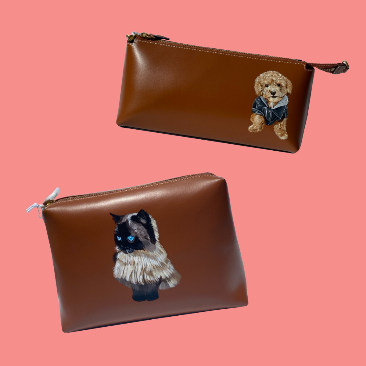 Two brown leather pouches hand-painted with a custom dog portrait and cat portrait.